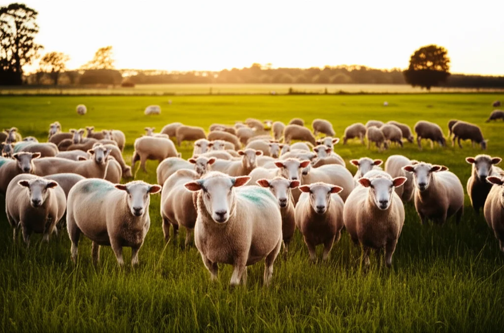 Fotografia realistica di un gregge di pecore Merino che pascola in un campo verde lussureggiante al tramonto, una di esse in primo piano guarda verso la camera, obiettivo 35mm, luce calda del tardo pomeriggio, profondità di campo media.