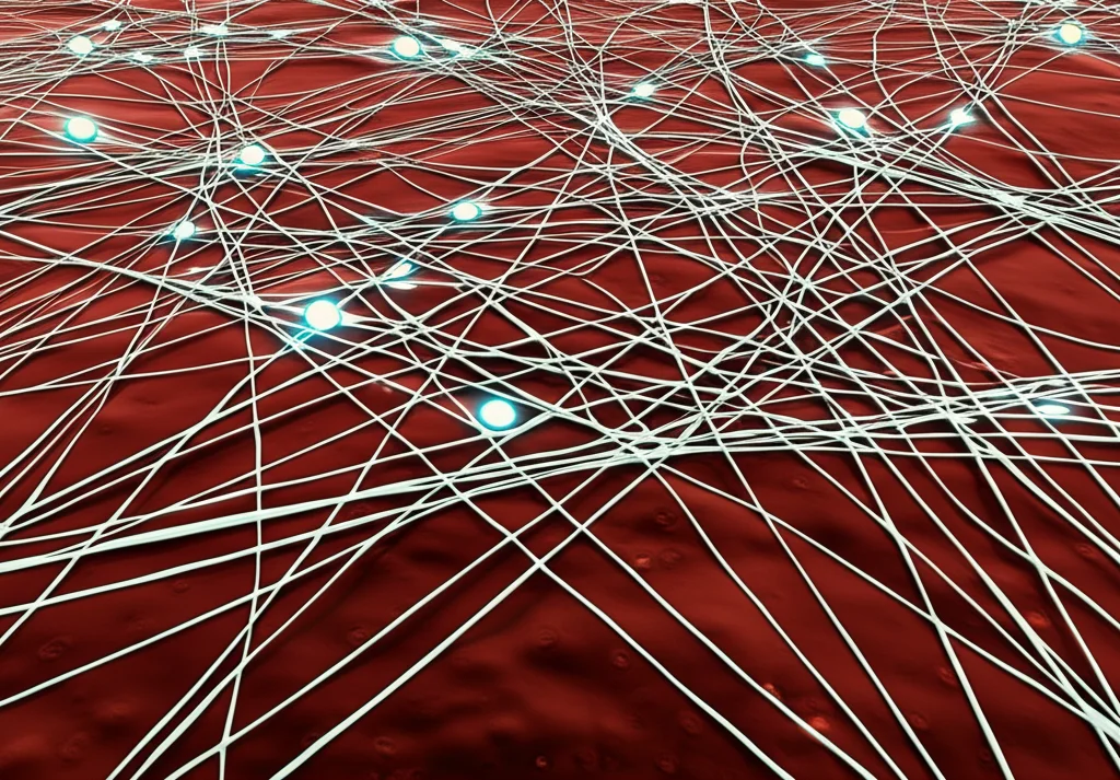 Illustrazione concettuale fotorealistica di una rete cellulare complessa in un tessuto, con pattern locali persistenti evidenziati da cerchi luminosi, simboleggiando l'analisi di Kasumi. Obiettivo prime, 35mm, profondità di campo, illuminazione suggestiva.