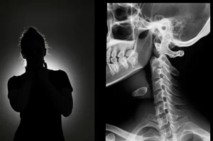 Immagine concettuale che mostra la silhouette di una persona che si tocca il collo e la mascella con espressione sofferente, sovrapposta a una radiografia stilizzata della colonna cervicale e dell'articolazione temporo-mandibolare. Sfondo scuro con linee di forza che indicano l'impatto di un colpo di frusta. Prime lens, 35mm, film noir, depth of field.