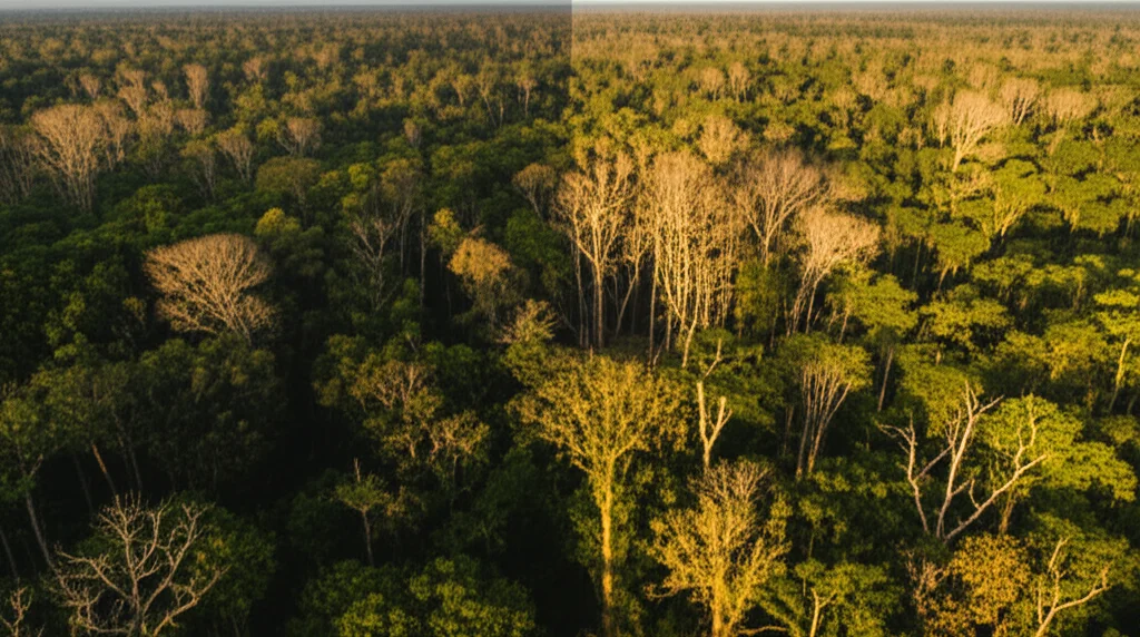 Immagine di una foresta pluviale lussureggiante con un'area visibilmente stressata dalla siccità, evidenziando il contrasto tra salute e declino. Fotografia paesaggistica con grandangolo 18mm, messa a fuoco nitida su tutta la scena, luce del tardo pomeriggio che crea lunghe ombre.