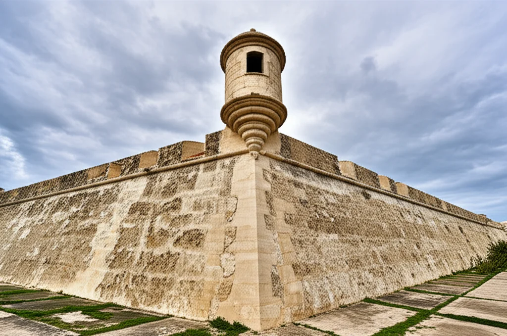 Landscape wide angle 24mm, sharp focus, a majestic historical fortress wall made of porous coral limestone under a cloudy sky, showing subtle signs of weathering.