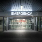 Photorealistic image of a hospital emergency department entrance with a sign indicating 'Emergency', with a subtle overlay or hint of a protective suit or warning symbol, representing preparedness for hazardous events. Use a 24mm wide-angle lens.