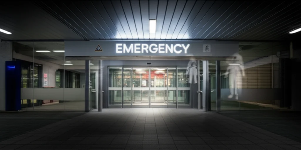 Photorealistic image of a hospital emergency department entrance with a sign indicating 'Emergency', with a subtle overlay or hint of a protective suit or warning symbol, representing preparedness for hazardous events. Use a 24mm wide-angle lens.