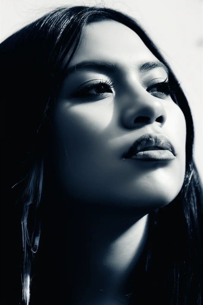 Portrait of an Indigenous woman looking thoughtfully into the distance, 35mm portrait, film noir style, blue and grey duotones.