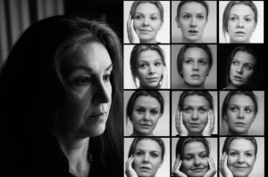 Portrait photography di una donna adulta che osserva con intensità un collage di diverse espressioni facciali, 35mm lens, profondità di campo che mette a fuoco sia la donna che le immagini, duotone in bianco e nero per un effetto drammatico e introspettivo, simboleggiando lo studio dell'attenzione alle emozioni.