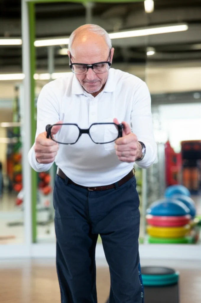 Un anziano sorridente ma concentrato prova degli occhiali stroboscopici futuristici, in piedi con sicurezza su una pedana di equilibrio. Sfondo leggermente sfocato di un ambiente moderno e luminoso tipo palestra riabilitativa. Ritratto con obiettivo 35mm, profondità di campo, toni caldi e rassicuranti, luce naturale morbida.