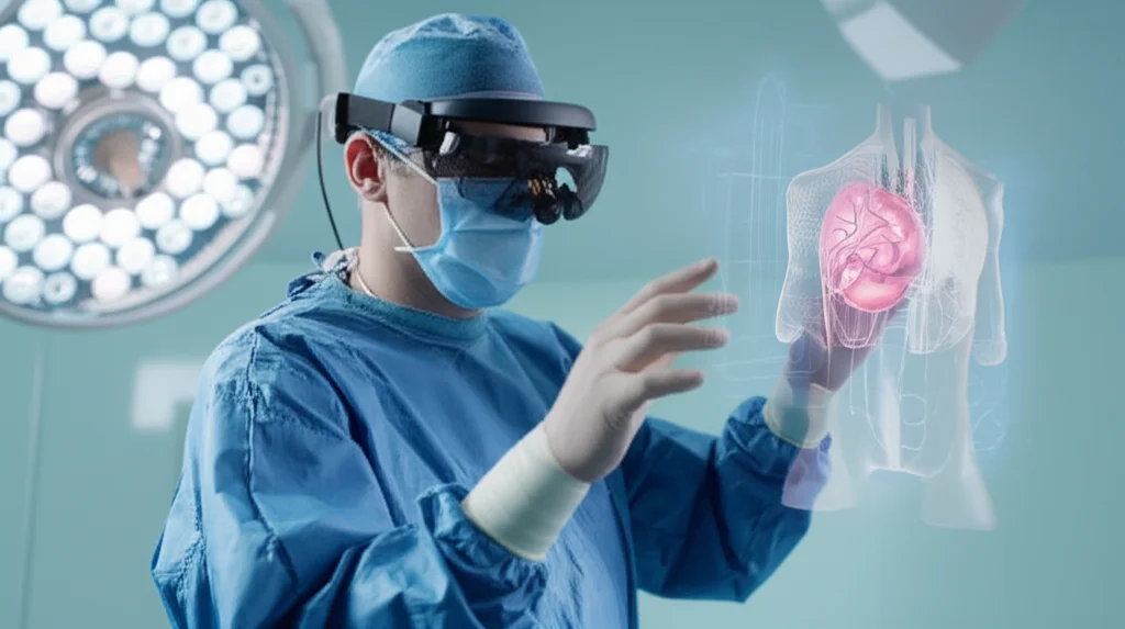 Un chirurgo pediatrico in una sala operatoria all'avanguardia utilizza un visore per la realtà mista, interagendo con un ologramma 3D dettagliato di un organo di un bambino. L'immagine, un ritratto con obiettivo da 35mm, enfatizza la profondità di campo e l'illuminazione controllata per un effetto fotorealistico, mostrando la fusione tra tecnologia e medicina.