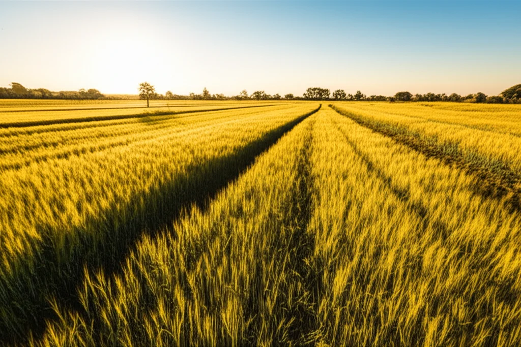 Un paesaggio agricolo etiope con campi di grano e orzo pronti per il raccolto sotto un cielo sereno, immagine grandangolare 18mm, messa a fuoco nitida, luce dorata del mattino, per trasmettere abbondanza e potenziale agricolo.