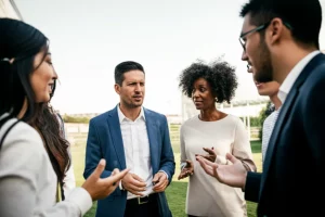 A diverse group of people in conversation, 24mm zoom lens, depth of field, representing intercultural communication.