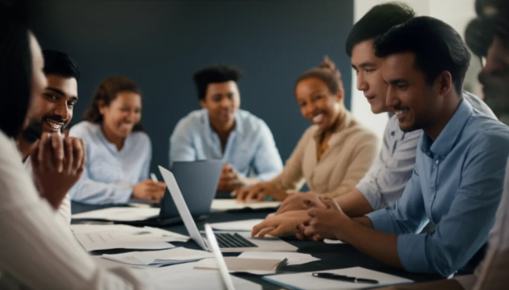 A diverse group of people, including migrants and facilitators, smiling and collaborating around a table with laptops and papers, wide-angle lens, 24mm, sharp focus, controlled lighting.