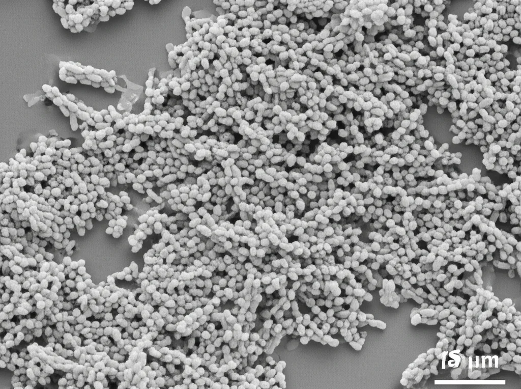 Fotografia ad alto dettaglio di particolato atmosferico (PM2.5) visto al microscopio elettronico, evidenziando la complessa morfologia e composizione mista di particelle organiche e inorganiche (solfati/organosolfati), illuminazione scientifica controllata, obiettivo macro 105mm, alta definizione.
