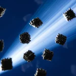 Fotografia macro, 100mm, alta definizione, illuminazione controllata, di nanocompositi magnetici NiMnFeO4/g-C3N4 che fluttuano in una soluzione acquosa, con un fascio di luce visibile che li illumina, simboleggiando la fotocatalisi e la purificazione dell'acqua da inquinanti organici.
