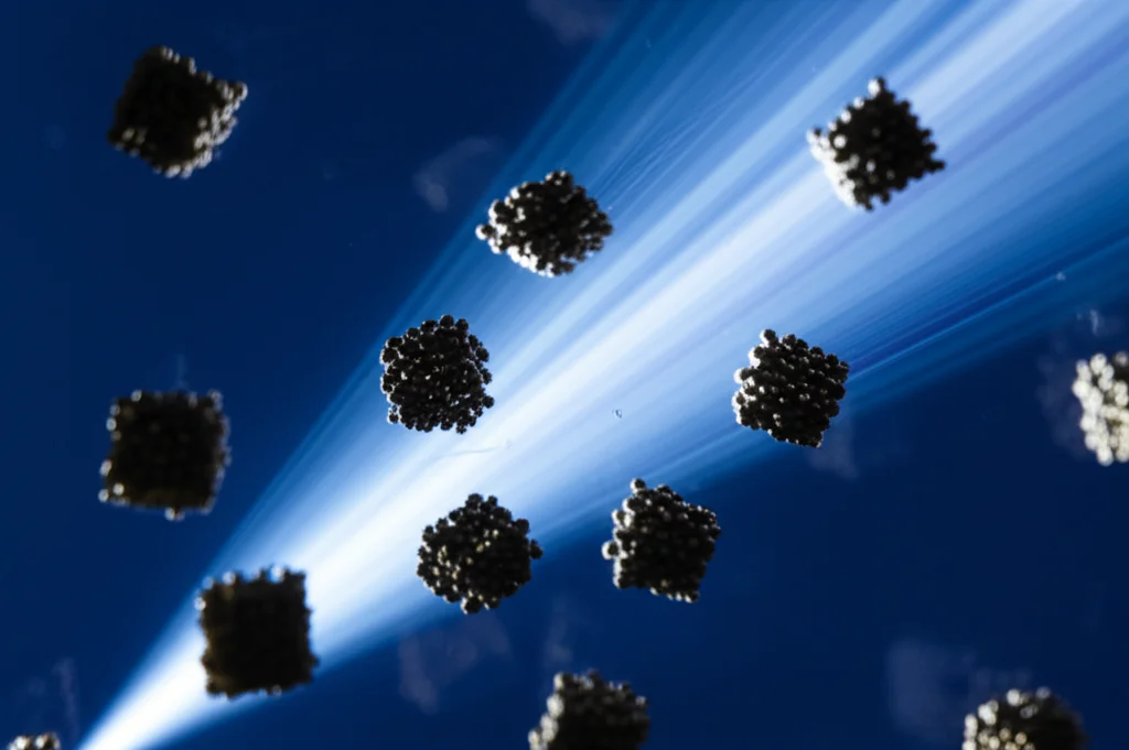 Fotografia macro, 100mm, alta definizione, illuminazione controllata, di nanocompositi magnetici NiMnFeO4/g-C3N4 che fluttuano in una soluzione acquosa, con un fascio di luce visibile che li illumina, simboleggiando la fotocatalisi e la purificazione dell'acqua da inquinanti organici.