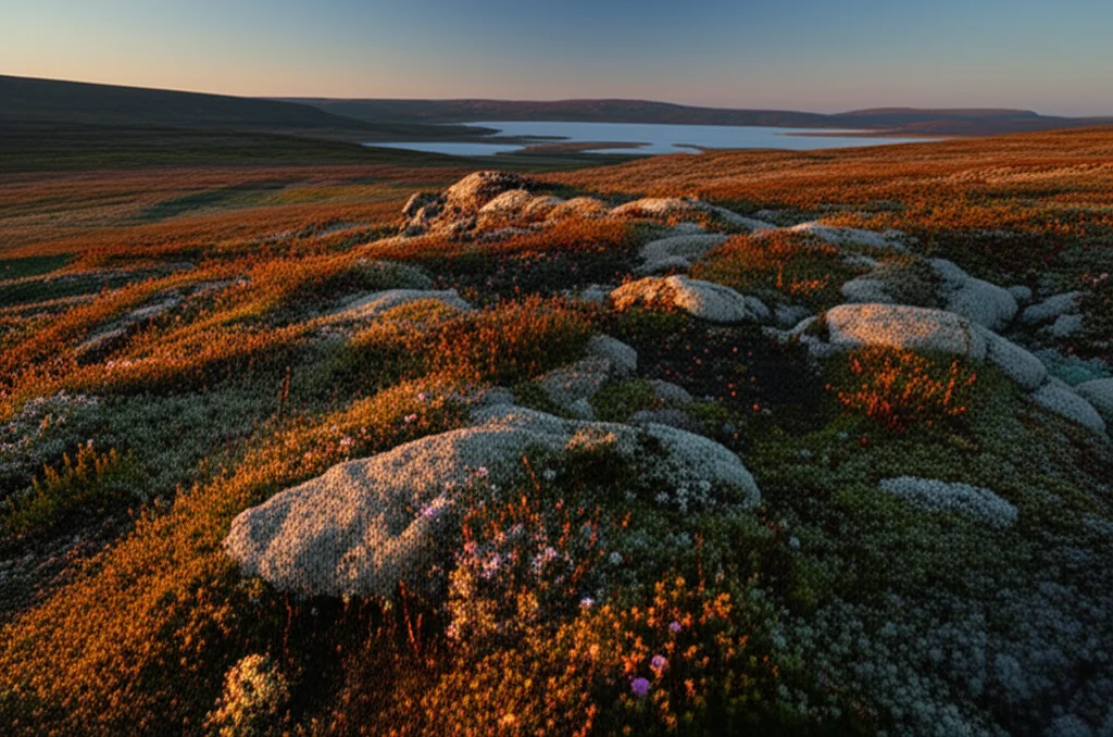 Fotografia paesaggistica di un vasto panorama della tundra artica durante la breve estate, illuminato dalla luce dorata del sole di mezzanotte. In primo piano, una varietà di piccole piante fiorite e arbusti bassi crescono tra rocce e muschi. Sullo sfondo, dolci colline ondulate si perdono all'orizzonte sotto un cielo limpido. Obiettivo grandangolare 15mm, messa a fuoco nitida, lunga esposizione per catturare la luce particolare.