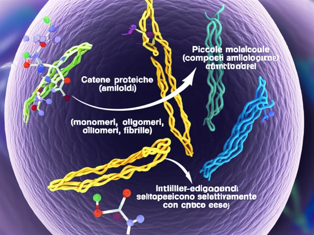 Immagine concettuale astratta, macro lens 60mm, high detail, che mostra catene proteiche (amiloidi) in diverse conformazioni (monomeri, oligomeri, fibrille) con piccole molecole (composti anti-amiloidogenici) che interagiscono selettivamente con esse, su uno sfondo che richiama un ambiente cellulare complesso.
