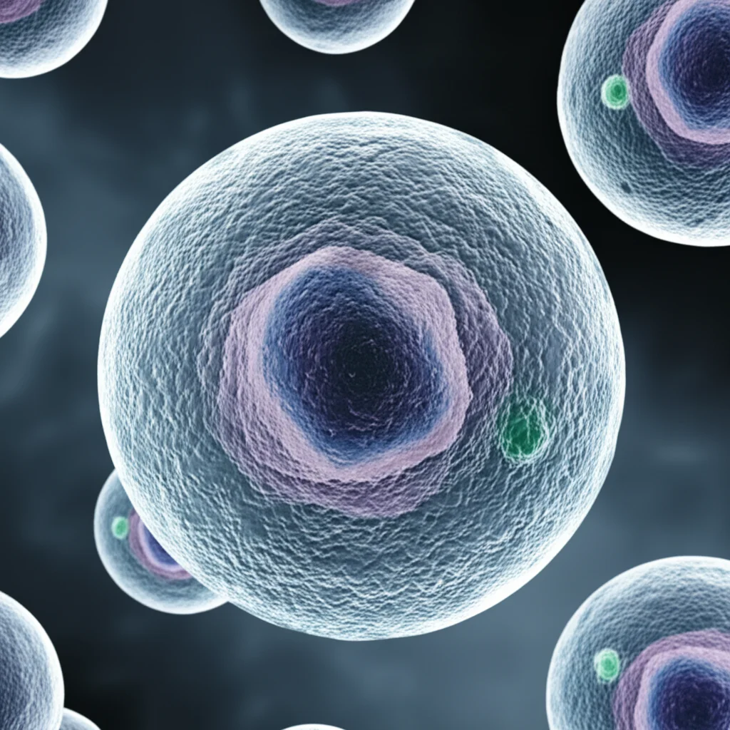 Immagine fotorealistica di cellule staminali ematopoietiche in un ambiente di laboratorio, una cellula visibilmente diversa a causa di una mutazione, con effetto di profondità di campo, obiettivo prime 35mm, illuminazione da studio per dettagli nitidi, con toni blu e grigi duotone per un'atmosfera scientifica.
