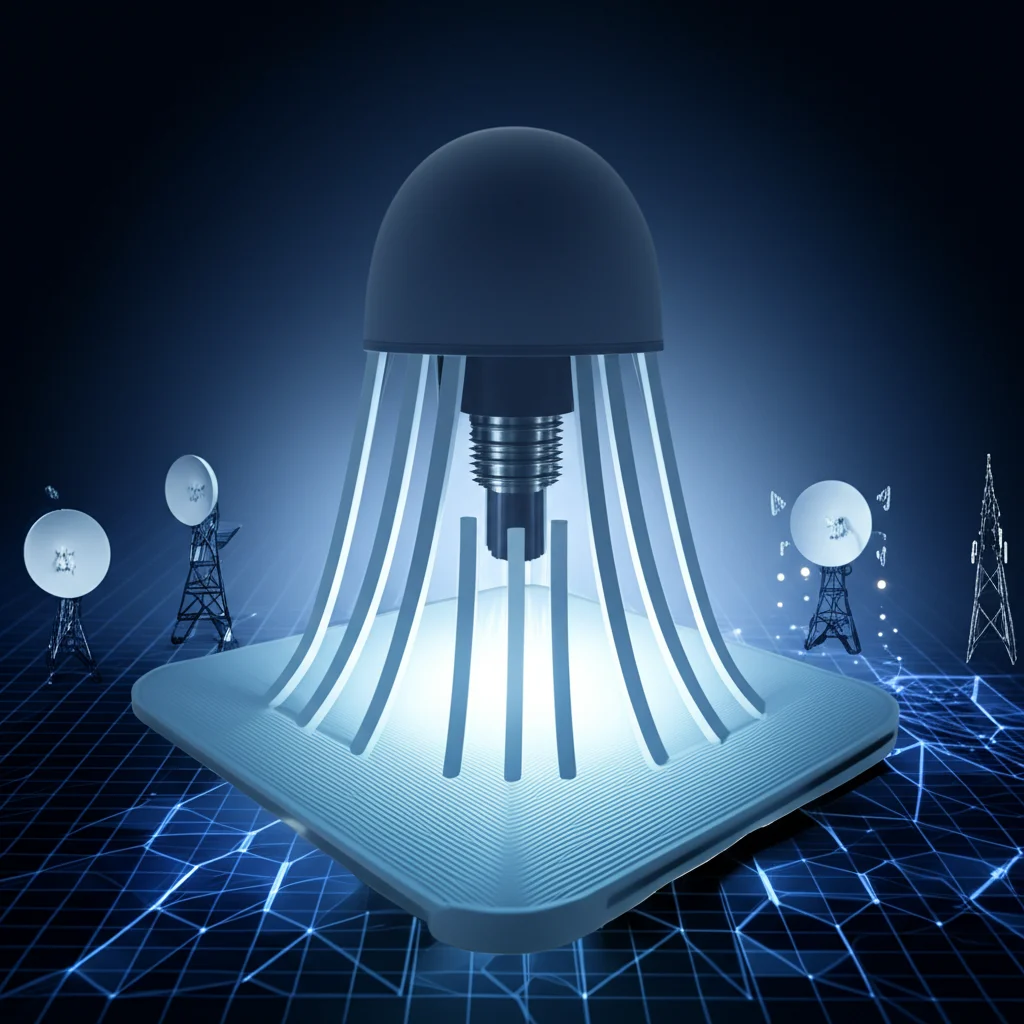 Immagine fotorealistica, obiettivo 35mm, profondità di campo. Primo piano: dettaglio del prototipo compatto dell'antenna super UWB-MIMO a forma di 'd'. Sfondo (leggermente sfocato): rappresentazione astratta di segnali di comunicazione satellitare, torri di rete 5G e dispositivi IoT interconnessi, suggerendo la sua vasta gamma di applicazioni. Effetto duotone blu e argento.