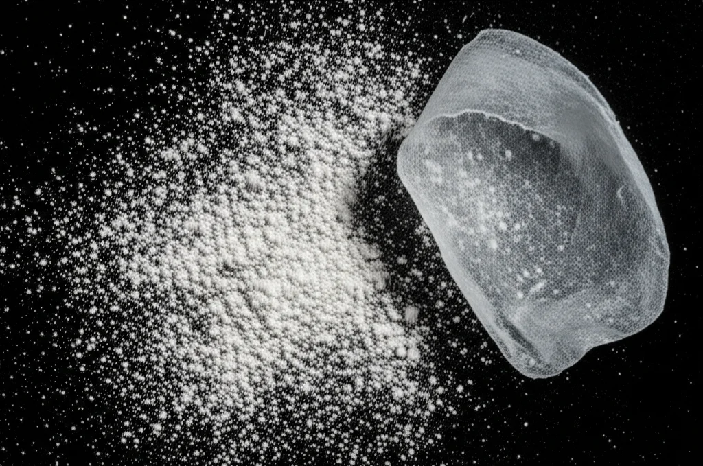 Immagine macro ad alta definizione di polvere fine di membrana amniotica bovina liofilizzata sparsa su una superficie sterile scura, accanto a un frammento traslucido e umido della stessa membrana fresca. Illuminazione da studio controllata che enfatizza la differenza di texture e colore tra le due forme, obiettivo macro 90mm, focus selettivo sulla polvere.