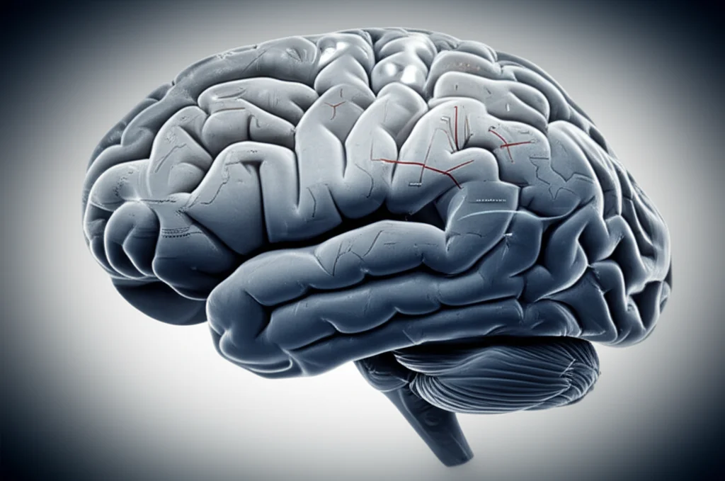 Photorealistic image of a brain silhouette subtly merging with a diagram representing metabolic pathways and gene interactions, wide-angle lens, 24mm, depth of field, duotone blue and grey.