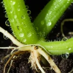 Primo piano macro di una radice di cetriolo sana e vigorosa che emerge da un terreno umido ma non saturo, con goccioline d'acqua che riflettono la luce. Obiettivo macro 100mm, alta definizione, illuminazione controllata per evidenziare la struttura radicale.