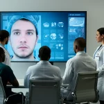 Ritratto fotorealistico, obiettivo da 35 mm, di un gruppo diversificato di dermatologi che collaborano su un grande schermo che mostrano una complessa analisi delle skinsight AI di immagini di dermoscopia, profondità di campo focalizzate sullo schermo e le espressioni impegnate dei medici, l'illuminazione moderna dell'ambiente clinico, i duotoni blu e grigi.