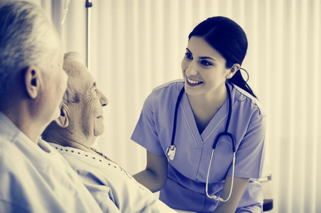 Studentessa infermiera sorridente e compassionevole interagisce con un paziente in un ambiente ospedaliero luminoso. Fotografia ritratto, obiettivo da 35mm, toni seppia e blu duotone, profondità di campo che evidenzia i soggetti.