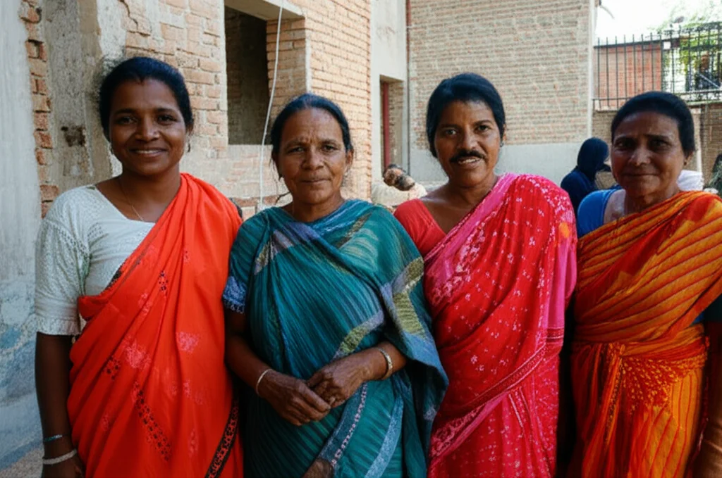Un gruppo di donne indiane determinate e unite, membri di un collettivo sanitario Mahila Arogya Samiti, che discutono strategie per migliorare la salute e il benessere nella loro comunità urbana. Ritratto di gruppo, 35mm, luce naturale, colori vibranti, espressioni di speranza e azione, depth of field.