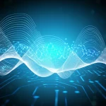 Un'immagine astratta e high-tech che rappresenta il concetto di 'fingerprinting' dei dati di consumo energetico. Onde luminose simili a un equalizzatore audio si trasformano in schemi di impronte digitali uniche su uno sfondo di circuiti stilizzati. Prime lens, 35mm, depth of field, duotone blu elettrico e argento per un look futuristico e pulito.