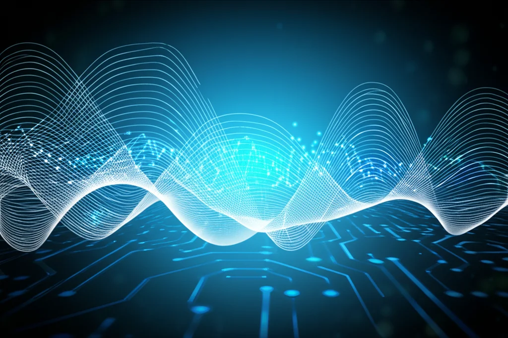 Un'immagine astratta e high-tech che rappresenta il concetto di 'fingerprinting' dei dati di consumo energetico. Onde luminose simili a un equalizzatore audio si trasformano in schemi di impronte digitali uniche su uno sfondo di circuiti stilizzati. Prime lens, 35mm, depth of field, duotone blu elettrico e argento per un look futuristico e pulito.