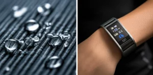 Un'immagine composita che mostra a sinistra un close-up, con lente macro da 90mm, di un tessuto tecnico con microcanali 3D stampati visibili, goccioline di sudore che vi scorrono; a destra, una persona che indossa un braccialetto sportivo futuristico con un piccolo display che mostra dati biometrici. Illuminazione controllata, alta definizione, focus preciso sui dettagli dei microcanali e sulla texture del tessuto.