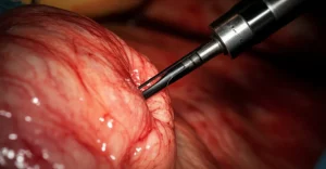 Endoscopic tool working on a large stomach mass, macro lens, 60mm, high detail, precise focusing