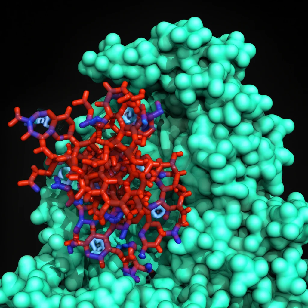 Fotografia macro ad alta definizione di una complessa struttura molecolare indolica (simile a IM24DCW-16) che si lega delicatamente a una rappresentazione stilizzata della proteina SIRT3. L'illuminazione è controllata e precisa, mettendo in risalto i dettagli atomici e i legami. Focale 100mm, sfondo sfocato per concentrare l'attenzione sull'interazione molecolare.