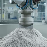 Immagine fotorealistica di un laboratorio di controllo qualità all'interno di un cementificio moderno. Primo piano su un campione di farina cruda di cemento analizzato da un braccio robotico, obiettivo macro 70mm, alta definizione dei dettagli della polvere e delle attrezzature high-tech. Luce controllata per un'atmosfera scientifica e precisa.