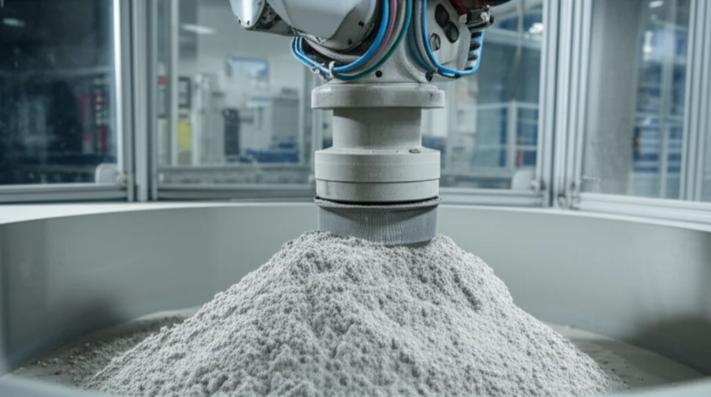 Immagine fotorealistica di un laboratorio di controllo qualità all'interno di un cementificio moderno. Primo piano su un campione di farina cruda di cemento analizzato da un braccio robotico, obiettivo macro 70mm, alta definizione dei dettagli della polvere e delle attrezzature high-tech. Luce controllata per un'atmosfera scientifica e precisa.