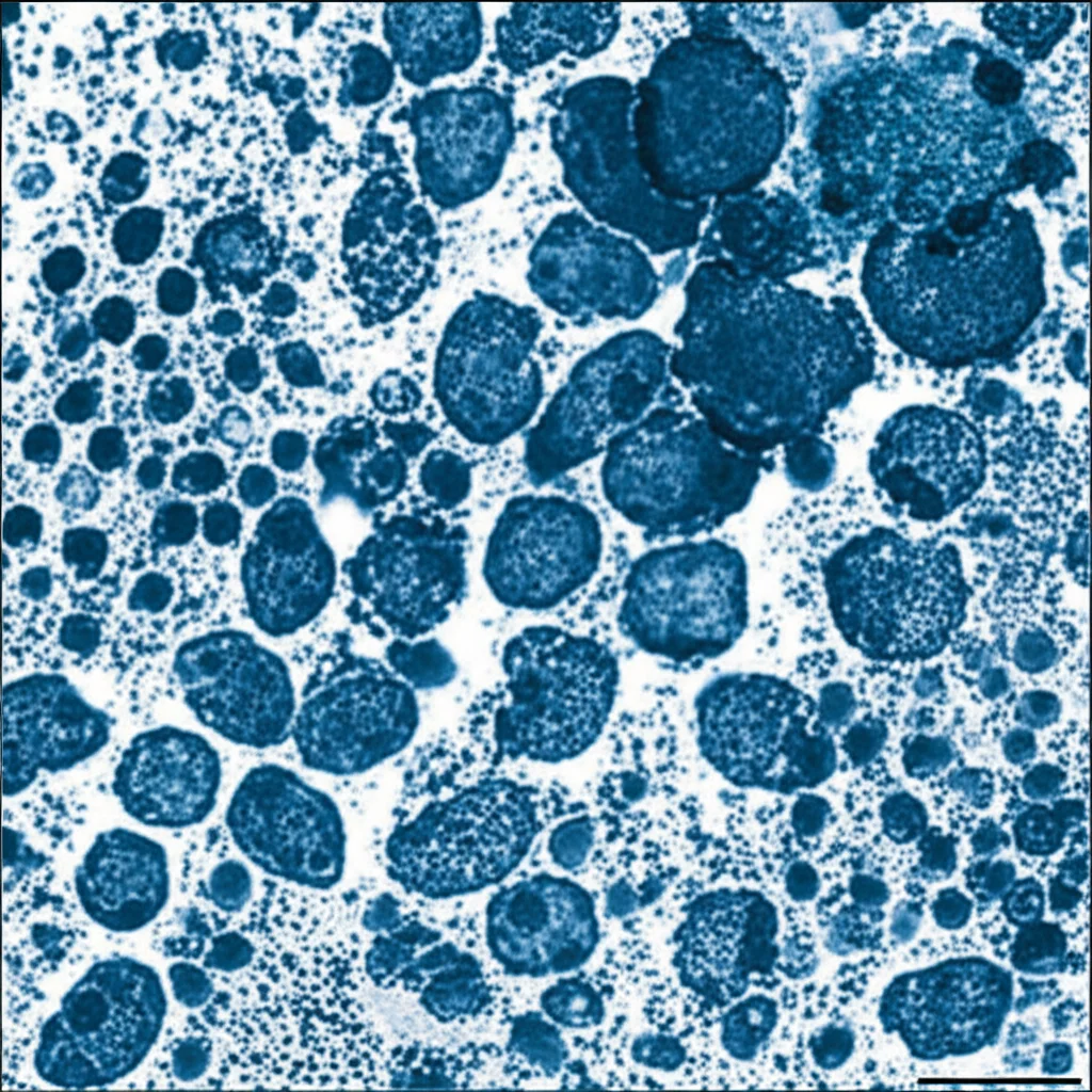 Immagine macro, 60mm, di cellule leucemiche K562 in coltura, con evidenza di apoptosi indotta da un inibitore di STAT3; illuminazione da laboratorio controllata, alta definizione dei dettagli cellulari, con una rappresentazione stilizzata della proteina STAT3 in sovrimpressione, duotone seppia e blu.