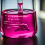 Macro fotografia, 100mm lens, di vibrante pigmento rosa B-Ficoeritrina estratto da microalghe Porphyridium cruentum, presentato in un becher di vetro trasparente, alta definizione, messa a fuoco precisa, illuminazione controllata, ambientazione scientifica di laboratorio.
