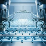Scatto macro fotorealistico, obiettivo da 100mm, di una complessa struttura di rete 3D luminosa che viene assemblata pezzo per pezzo da bracci robotici all'interno di un ambiente pulito di una sala server. Dettaglio elevato, messa a fuoco precisa, profondità di campo ridotta.