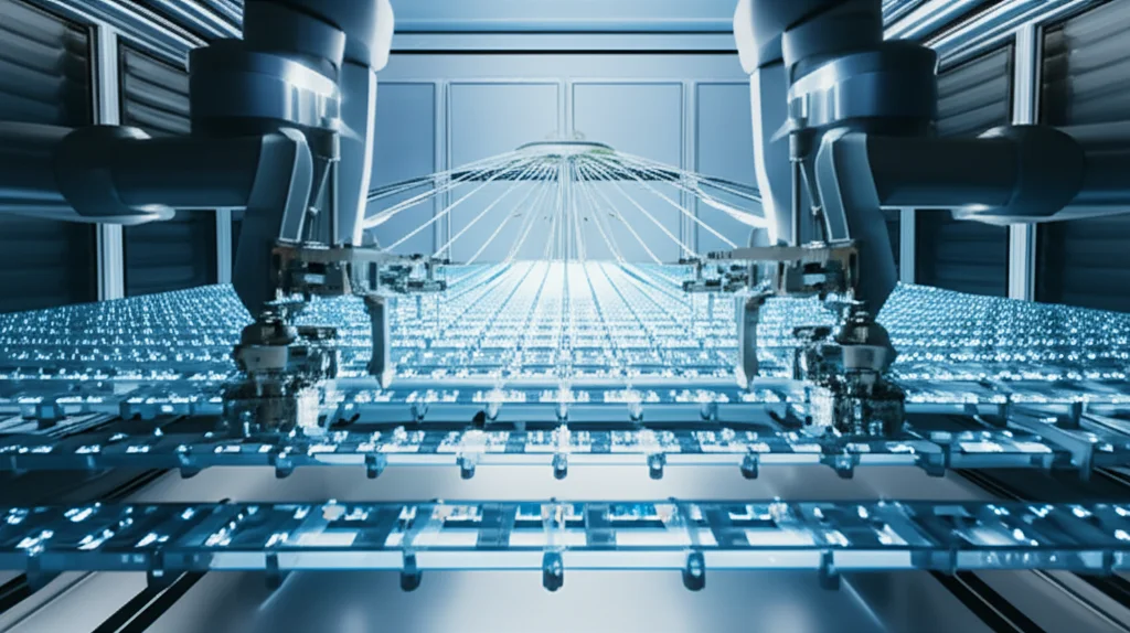 Scatto macro fotorealistico, obiettivo da 100mm, di una complessa struttura di rete 3D luminosa che viene assemblata pezzo per pezzo da bracci robotici all'interno di un ambiente pulito di una sala server. Dettaglio elevato, messa a fuoco precisa, profondità di campo ridotta.