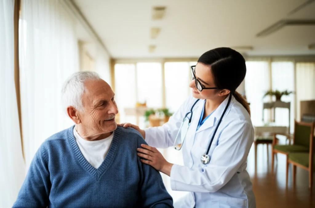 Un medico geriatra sorridente mentre esegue un test di valutazione della mobilità (come l'SPPB) su un residente anziano in una luminosa sala comune di una casa di riposo, obiettivo 50mm, luce naturale, profondità di campo, atmosfera positiva e rassicurante.