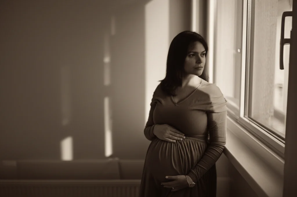 Una donna incinta, visibilmente pensierosa, guarda fuori da una finestra. La luce soffusa crea un'atmosfera intima e riflessiva, suggerendo le complessità emotive dell'aumento di peso in gravidanza e dello stigma associato. Portrait photography, prime lens 35mm, depth of field, duotone seppia e grigio per un'aria malinconica.