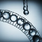 Un'immagine concettuale che mostra una membrana nanotecnologica stilizzata mentre separa gocce d'olio scure da acqua blu brillante. Effetto di profondità di campo, con la membrana a fuoco e l'acqua pulita che scorre. Illuminazione drammatica per evidenziare il processo di filtrazione. Prime lens, 35mm, duotone blu e grigio scuro.