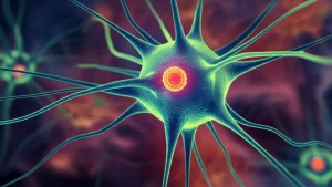 Visualizzazione artistica del corno dorsale del midollo spinale con neuroni (in blu) che rilasciano molecole S100A4 (sfere rosse brillanti) che interagiscono con astrociti reattivi (in giallo/verde, con morfologia attivata 'stellata'). Sullo sfondo, segnali infiammatori (sfumature arancioni/rosse) e simboli del dolore. L'immagine combina elementi scientifici con un'estetica accattivante. Prime lens, 35mm, Depth of field, illuminazione drammatica.