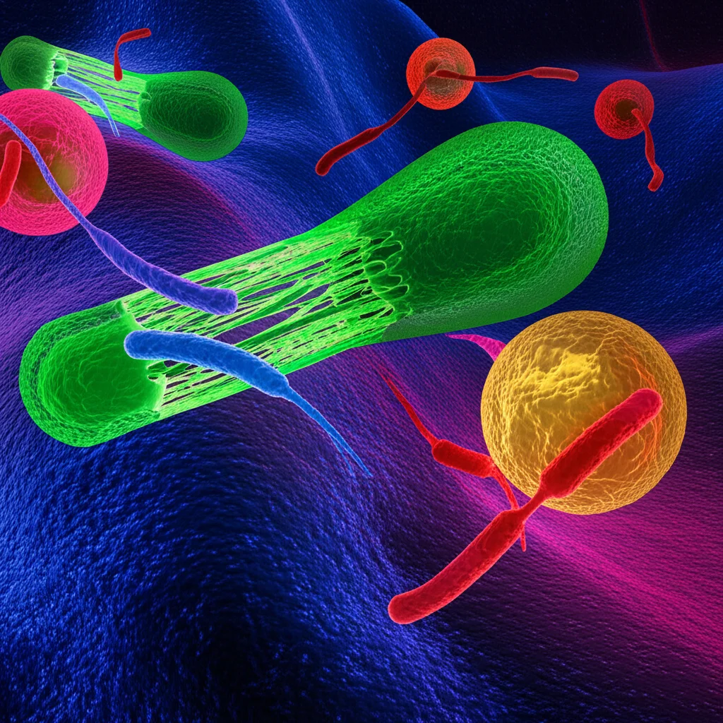 Visualizzazione artistica e scientifica del microbioma orofaringeo umano, con diverse specie batteriche colorate che fluttuano in un ambiente simile alla gola, alcune delle quali mostrano elementi genetici mobili (MGE) che simboleggiano il trasferimento di geni di resistenza agli antibiotici. Illuminazione controllata per evidenziare i dettagli, obiettivo macro 60mm per una messa a fuoco precisa sulle strutture batteriche.
