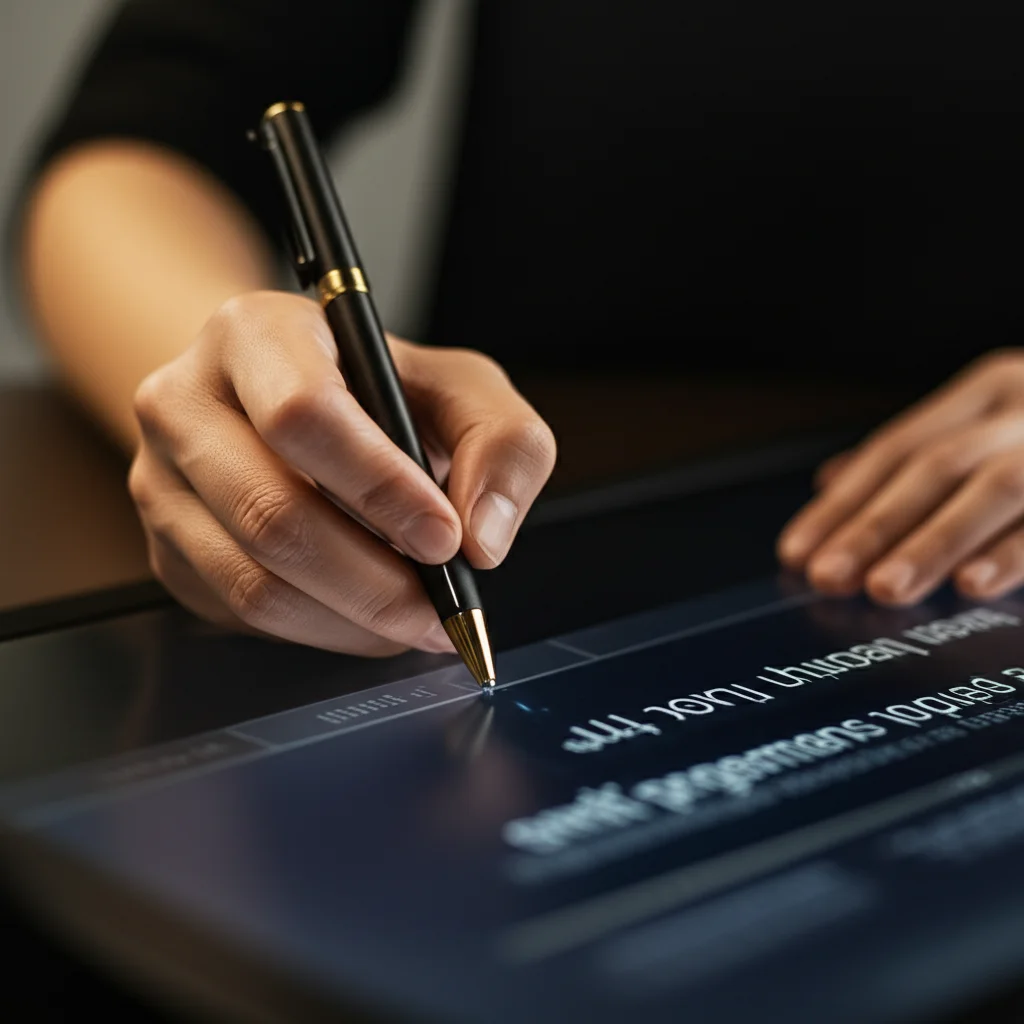 A comparison visual showing a human hand writing and AI text on a screen, illustrating the topic of AI vs. human text quality, 35mm portrait lens, depth of field.