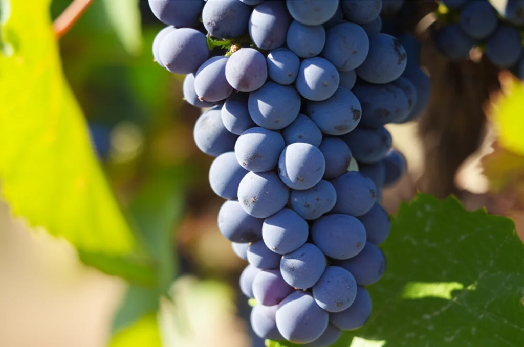 Fotografia macro di un grappolo d'uva Malbec maturo appeso alla vite, con acini di un viola intenso e pruinosi. Dettaglio elevato sugli acini, illuminazione naturale diffusa che evidenzia la forma e la compattezza del grappolo. Obiettivo macro 85mm, profondità di campo ridotta per sfocare leggermente lo sfondo del vigneto.