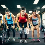 Gruppo di atlete d'élite di diverse discipline sportive che si allenano intensamente in una palestra moderna. Fotografia sportiva, teleobiettivo zoom 100-400mm, alta velocità dell'otturatore, tracciamento del movimento, luce dinamica da palestra che evidenzia lo sforzo e la concentrazione.