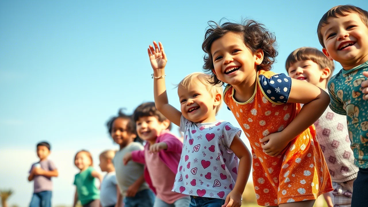 Gruppo di bambini di diverse etnie che giocano felici all'aperto sotto un cielo azzurro, simboleggiando un futuro sano e pieno di speranza grazie ai progressi medici; fotografia di ritratto di gruppo, obiettivo 35mm, colori vivaci, profondità di campo, luce naturale diffusa.