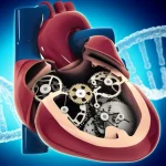 Illustrazione concettuale di un cuore umano stilizzato con all'interno ingranaggi complessi, uno dei quali è rotto o mancante, simboleggiando la disfunzione causata dalla variante genetica TNNI3. Sovrapposta una doppia elica di DNA luminosa. Stile fotorealistico con profondità di campo.