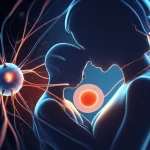 Immagine concettuale del legame tra madre e figlio a livello genetico e neurologico, con neuroni stilizzati che si intrecciano con la silhouette di un ovocita e una figura materna protettiva sullo sfondo, resa con obiettivo da ritratto 35mm, toni caldi di arancione e blu duotone, profondità di campo per enfatizzare la connessione e il mistero dell'ereditarietà.