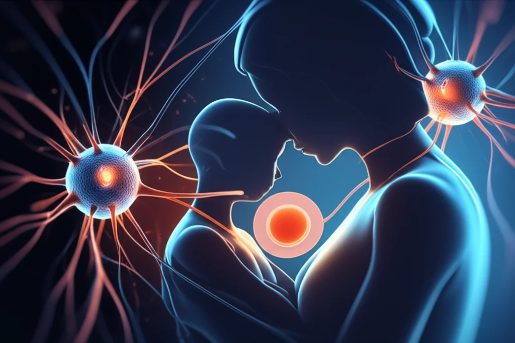Immagine concettuale del legame tra madre e figlio a livello genetico e neurologico, con neuroni stilizzati che si intrecciano con la silhouette di un ovocita e una figura materna protettiva sullo sfondo, resa con obiettivo da ritratto 35mm, toni caldi di arancione e blu duotone, profondità di campo per enfatizzare la connessione e il mistero dell'ereditarietà.
